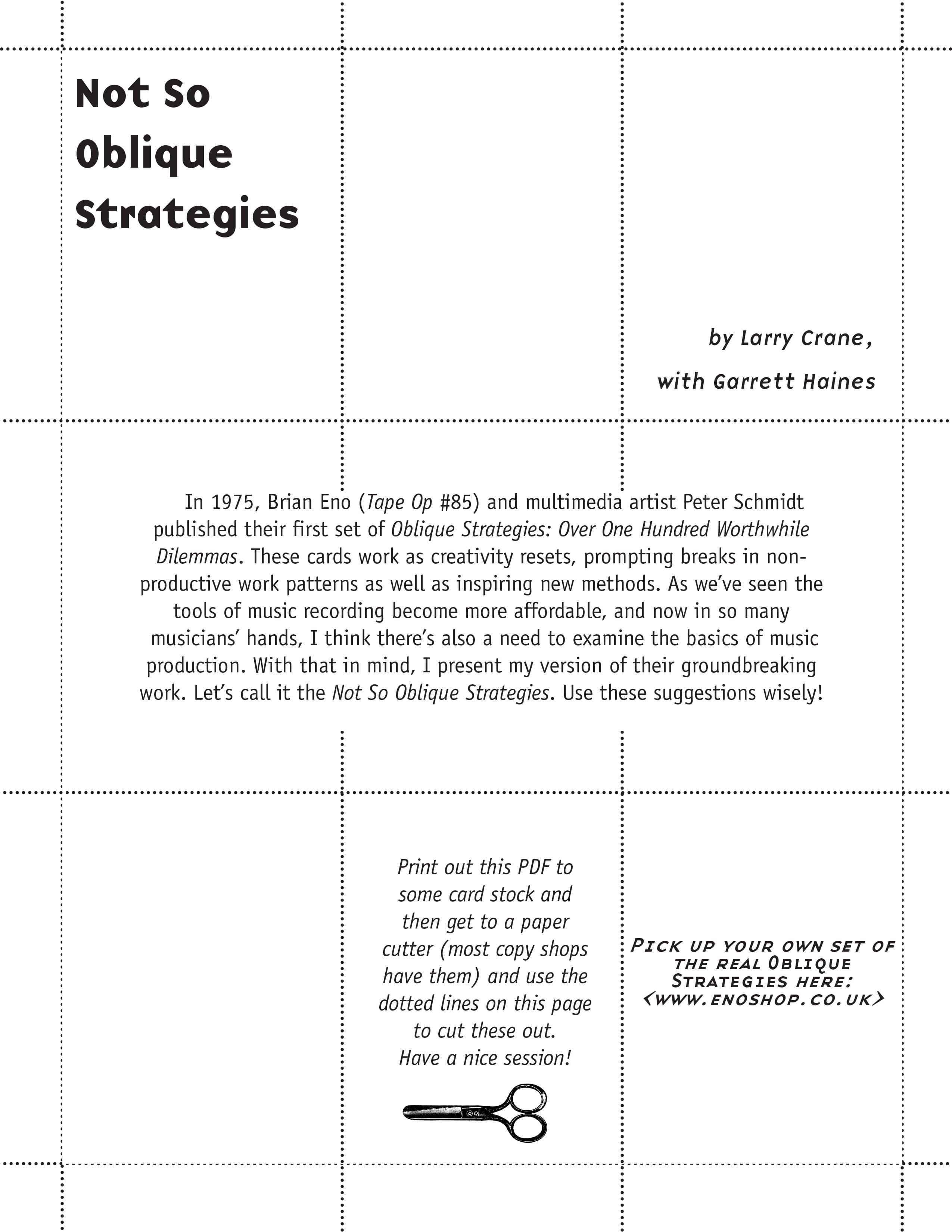 Not So Oblique Strategies - TapeOp Issue 155 | Tape Op Magazine